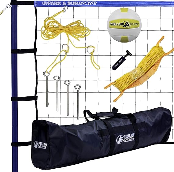 Park & Sun Spiker Sport Portable Outdoor Volleyball Net System Blue Net, Regulation Size 32' L x 3' H, Adjustable Height, Lightweight, Includes Carrying Bag for Backyard and Beach Play