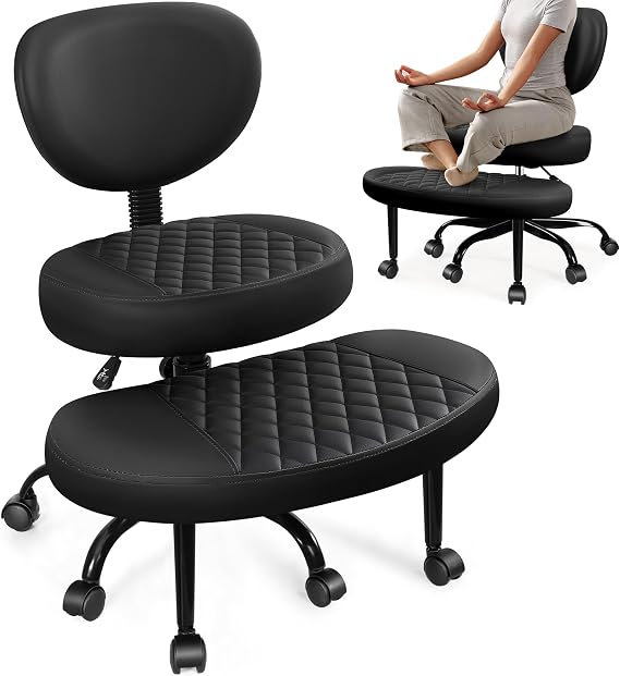 AtHope Ergonomic Cross Legged Office Chair with Wheels - Adjustable Height for Meditation, ADHD Desk & Yoga - Wide Criss Cross Design with Lumbar Support, Kneeling Chair - Inky Black