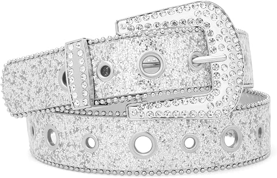 Y2K Sequin Rhinestone Belt for Women with Bling Buckle