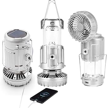 Camping Lantern with Fan, Flashlight Lantern Collapsible-USB Rechargeable, Solar & Battery Powered Camping Lampp for Picnic, Barbecue, Fishing, Travel Rechargeable Emergency Light (Silver)