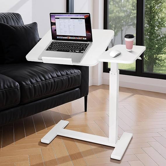 Adjustable Pneumatic Overbed Bedside Table with Wheels Split Top Tilting Mobile Standing Desk Portable Computer Cart Movable Desk Hospital Home Office Use (15.7" W x 27.6" D, White)