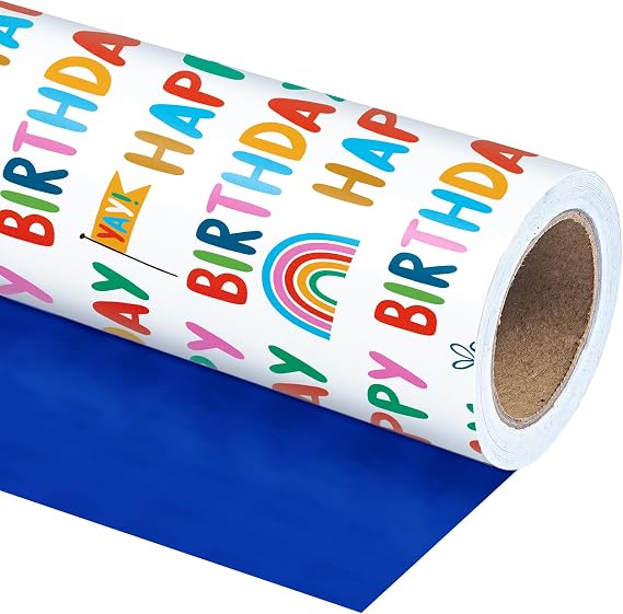 WRAPAHOLIC Reversible Birthday Wrapping Paper Roll - Mini Roll - 17 Inch x 10 Feet - Happy Birthday Wrapping Paper Perfect for Kids Girls Boys