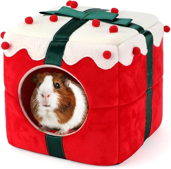 BWOGUE Christmas Guinea Pig Hideout, Warm Winter Cave Bed, Small Animal Hut