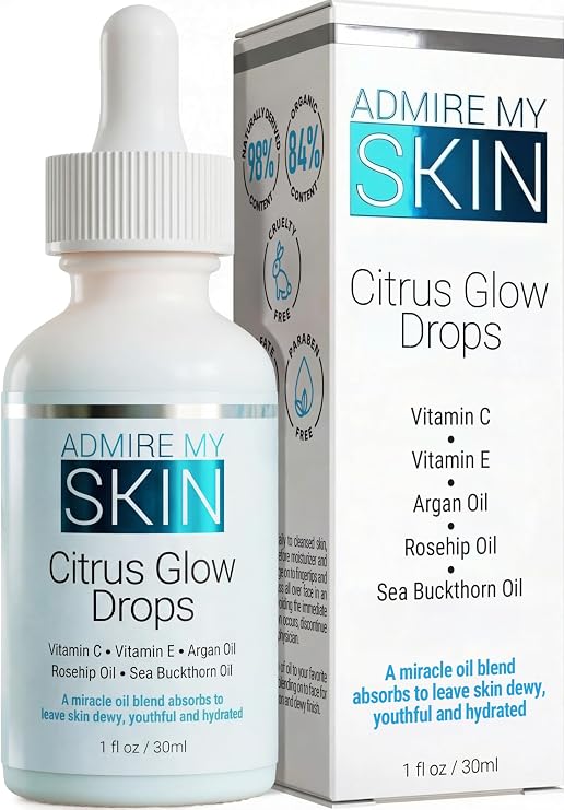 Admire My Skin Citrus Glow Drops Vitamin C Gua Sha Oil for Face 1oz | Organic Brightening Facial Oil with Argan & Rosehip Oils for Glowing Dewy Skin
