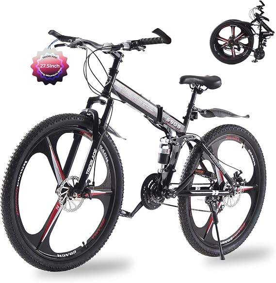 TRIOBLADE 24/26/27.5'' Folding Mountain Bike 21Speed Foldable Mountain Bicycle with Dual Disc Brakes 3 Spoke Wheels Mountain Bikes Dual Suspension Design for Adult Men Women