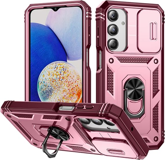 for Samsung Galaxy A16 Case Military Grade Drop Shock Protection Cell Phone Cover with Slide Camera Cover Built-in 360 Rotate Ring Stand for A16 6.7 - Pink Red