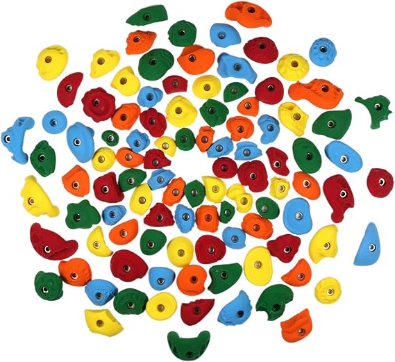 Atomik Rock Climbing Holds Set of 100 Bolt-On Classics in Assorted Bright Tones Includes Jugs, Edges, Pinches, Footholds for Home Walls