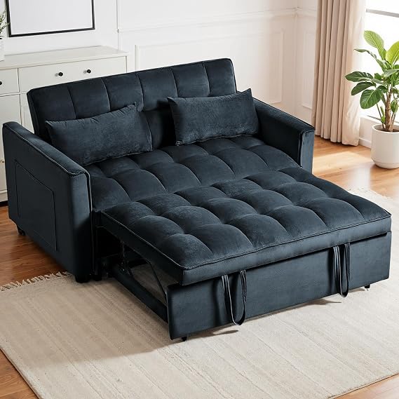 Yafylly 3 in 1 Pullout Sofa Bed, Convertible Loveseat Sleeper Couch Bed with 2 Pockets & 2 Pillows for Living Room, Black