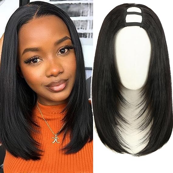 WIGNEE 14 Inch U Part Bob Wig Short Black Straight Layered Half Wig | Layered Wig, Yaki Half Wig, Clip In, Glueless, Synthetic, Heat Resistant, Natural Looking, No Sew In for Daily Wear