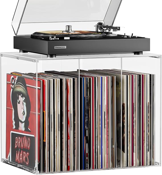 Bikoney Stackable Cube Acrylic Vinyl Record Storage, Tabletop Record Player Stand with Divided Vinyl Shelf, Vinyl Holder & Album Storage Box Crate Bin, Clear