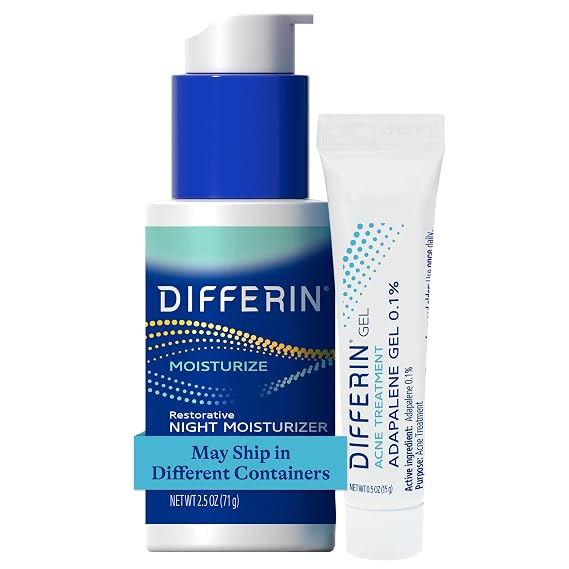 Differin 30 Day Gel & Night Moisturizer Set: Acne Treatment Gel (15g tube) & Restorative Night Moisturizer (2.5 oz), Gentle Skin Care for Acne Prone Skin, Fragrance Free, Mother's Day Gifts