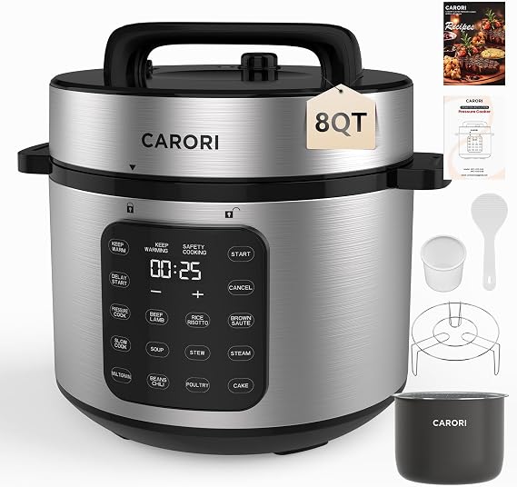 Carori 8 Qt Electric Pressure Cooker, 9-in-1 Multi-Cooker 1000W with IMD Touchscreen, Non-Stick Inner Pot, For Pressure/Slow/Rice Cooking, Steaming, Saute & Keep Warm, Silver