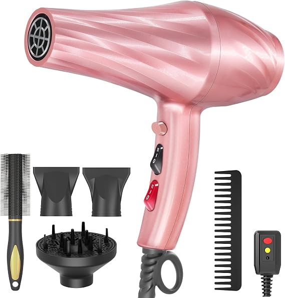 Ionic Hair Dryer,2400W Negative Ion Low Noise Hair Dryer Professional Fast Drying Hair Dryers with 2 Speeds, 3 Heat Settings, Cooling Button,with Diffuser for Curly and Straight Hair(Sakura Pink)