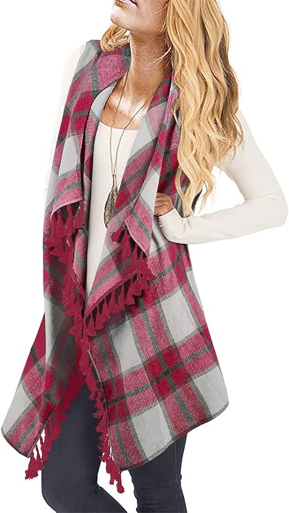 Inorin Womens Plaid Cardigan Vest Sleeveless Christmas Long Outfits | Asymmetrical Hem,Tassel Drape,Open Front,Buffalo,2026,Winter Fashion,Gift