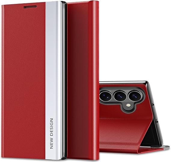 Flip Case for Samsung Galaxy S26 Case S View, Luxury Electroplating Strips Ultra Slim Phone Case, PU & PC Hybrid 360 Degrees Shockproof Protection Flip Folio Cover for Samsung Galaxy S26 (Red)