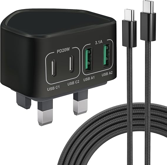 USB C Plug Fast Charge with 60W 2M USB C Cable for iPhone 17 16 15 Pro Max Plus, iPad, Samsung Galaxy, 40W 4-Port Dual Port USBC Power Adaptor Type C Wall Plug