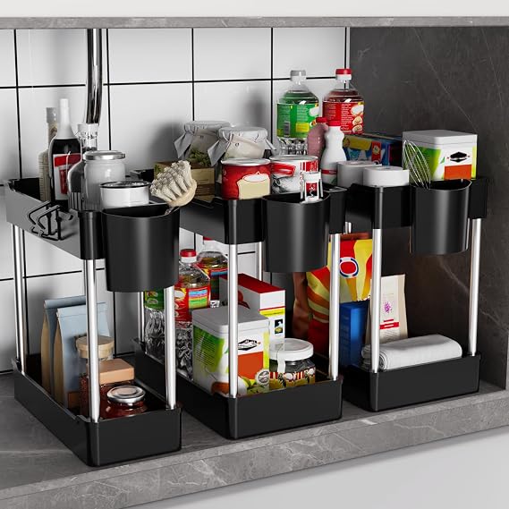 3 Pack Under Sink Organizer Bathroom and Storage Cabinet (Black)