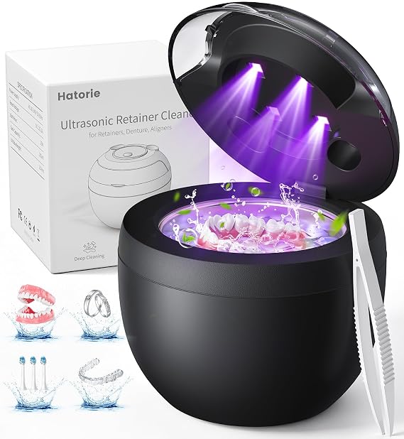 Ultrasonic Retainer Cleaner Machine, 45kHz Deep Gentle Dental Cleaning Pod with 304 Stainless Steel Tank, 4 Cleaning Modes for Aligners, Dentures, Mouth Guards, Night Guards, Light Black