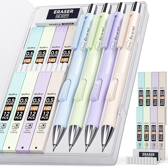 Nicpro 4PCS Pastel Mechanical Pencil 0.5mm, Cute Pencils Fast Click | 100PCS HB Lead Refills, Erasers and Eraser Refills, Aesthetic School Supplies for Writing, Drawing, Sketching