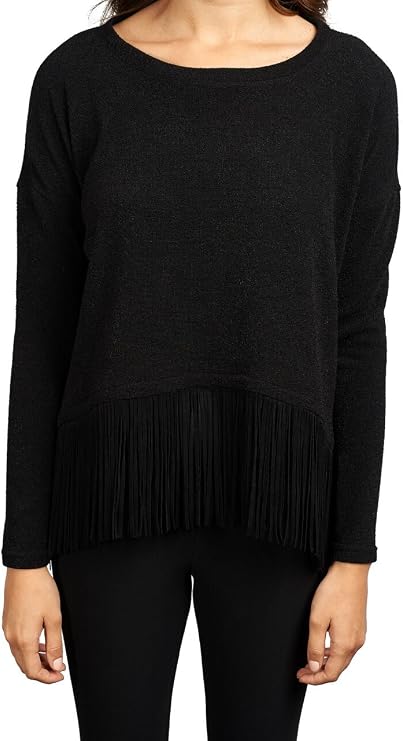 Joseph Ribkoff Black Sweater Top with Fringe Hem Style 163443