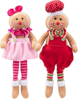 Christmas Gingerbread Plush Dolls, Set of 2 - 17 Boy & Girl Cute Shelf Decorations - Fun Kids Holiday Toy Elf Buddy, Tree, or Stocking Stuffer w Festive Santa Outfits, Mantel Decor, Gift for Xmas
