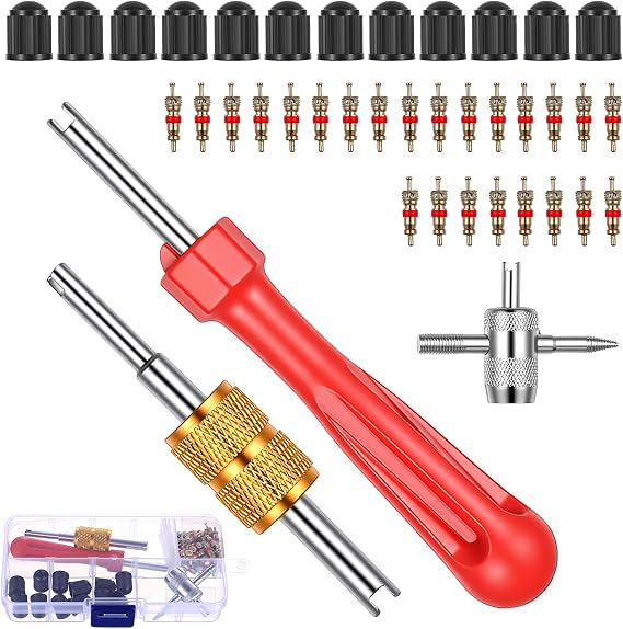 1 valve extractor, car valve key, 1 double tyre valve remover, valve repair, 25 car valve insert, car valves, 12 valve caps, valve core repair tool for car, motorcycle, bicycle