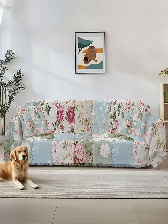 Green Blue Pink Botanical Couch Cover, Spring Floral Vintage Sofa Cover Blanket for Loveseat Couches, Sectional Sofa Slipcover Furniture Protector for Living Room Bedroom 71''x118''
