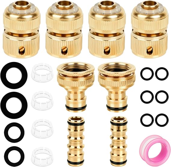 8PCS Brass Garden Hose Tap Quick Connector Set, Includes 2 Double Male Adapters, 4 Quick Connect 1/2" Hose Ends, 2 Tap Connectors (8PCS Brass)