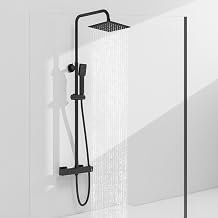 Sky Bathroom Thermostatic Shower Mixer Set | 8" Rainfall Shower & Handheld Head | Wall Mounted Bar Mixer Shower System | Stainless Steel Adjustable Sliding Riser Rail Matte Black