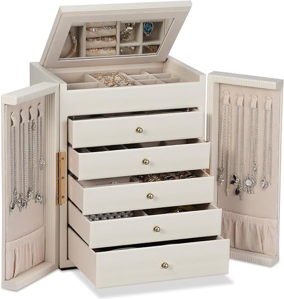 Dajasan Large Jewelry Organizer Box, Jewelry Boxes for Women Girls, 6-Tier Jewelry Storage Organizer with Mirror for Necklace Ring Bracelet Watch, Gift Idea (Beige)
