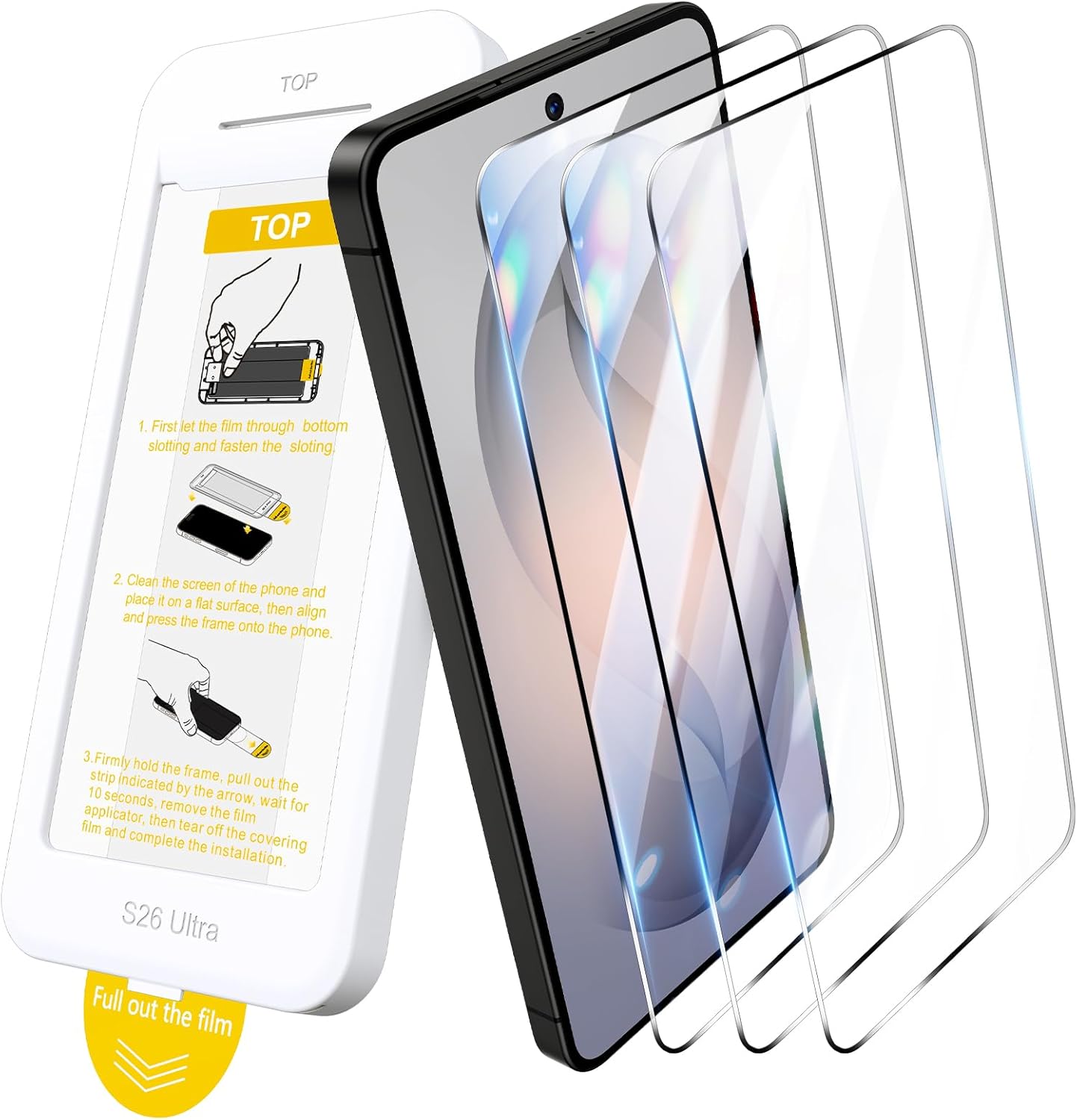 Tempered Glass for Samsung S26 Ultra Pack of 3 Easy Installation with Pull Strip Alignment Frame Support Fingerprint Unlock HD Clear 9H Hardness Tempered Glass Film