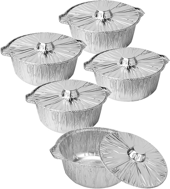 72 Oz Disposable Aluminum Pot, Disposable Pots With Lids Oven-Ready, Aluminum Pots Stove Compatible Baking Foil Pan Tinfoil Camping Pot Camping Heating Cooking 5 PCS