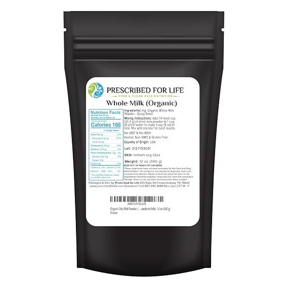 Prescribed For Life Organic Dry Milk Powder, USDA Grade A Whole Milk rBST & rBGH Free, Non GMO, Kosher, Shelf Stable Whole Milk Powder (12oz / 340g)