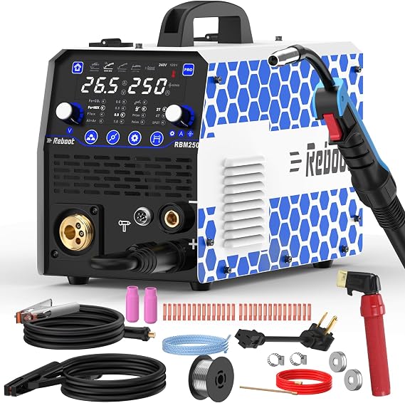 Reboot 250Amp 8-in-1 MIG/TIG/Stick Welder RBM2500 PRO + 400AMP Heavy Duty Electrode Holder Complete 120V/240V Welding Kit for MIG, Flux Core, TIG, ARC & More