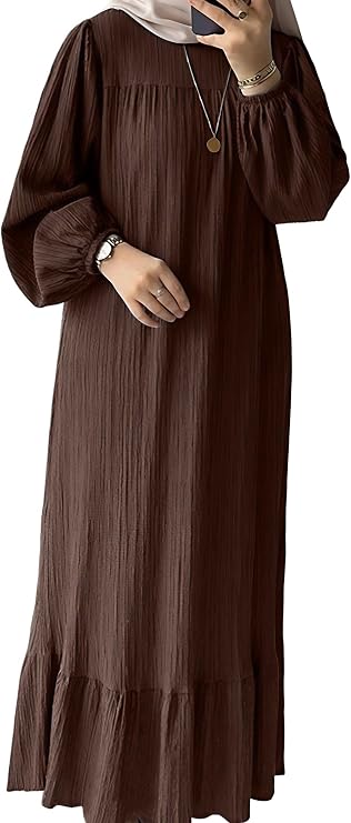 ODIZLI Ramadan Muslim Abaya Dress for Women Long Sleeve Round Neck Prayer Robe Turkey Dubai Islamic Maxi Dress