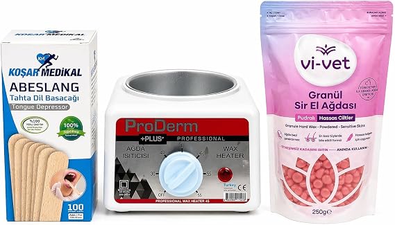 ProDerm +Plus Profesyonel Ağda Seti, Wax Heater 45 + vi-vet Pudralı Granül Sir El Ağdası 250g + 100 Adet Spatula
