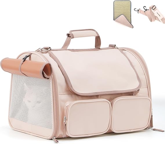 FUKUMARU Cat Carrier, 4 Mesh Windows Small Dog Carrier, 4 Storage Pockets Cat Travel Bag, Under 6.8 Kg Airline Approved Pet Carrier, Rollable Cover for Nervous Cats, Pink