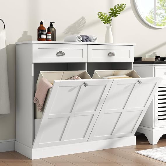 Double Tilt Out Laundry Hamper Cabinet, Hidden Laundry Cabinet w/2 Drawers | 30 Gallon Trash Can with 2 Baskets for Bathroom, Kitchen, White