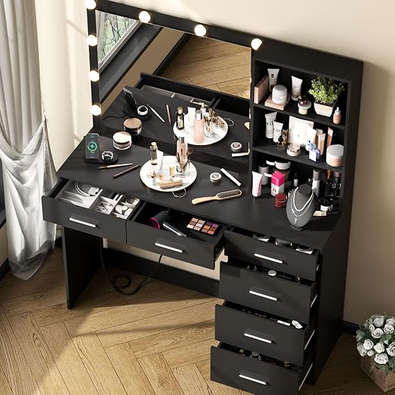 Vanity Desk with Lighted Mirror & Power Outlet, Makeup Vanity Table with 6 Drawers and 3-Tier Shelf, Dressing Table with 10 Lights in 3 Lighting Colors for Bedroom (6 Drawers-Black)