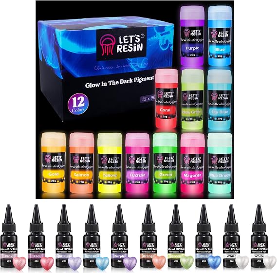 Bundle 12 Colors Glow in The Dark Pigment Powder and 10 Colors Pearlescent UV Resin