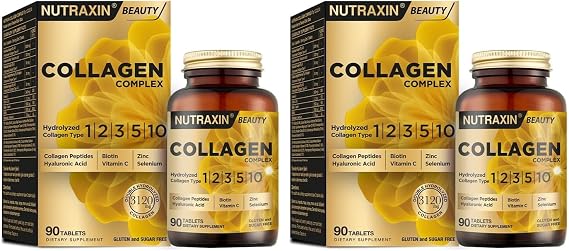 Nutraxin Collagen Complex Tablet | 5 Tip Kolajen (Tip I, II, III, V, X) + Hyalüronik Asit, Elastin, C Vitamini | Cilt, Saç ve Tırnak Desteği | Şeker ve Gluten İçermez | 90 Tablet (2 paketi)