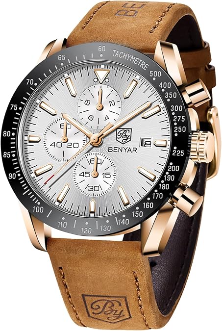 BENYAR Watches for Men, Analog Quartz Movement Chronograph Wrist Watch, Leather/Stainless Steel/Silicone Strap, Business Sports Casual Dress Watch, Waterproof Scratch Resistant, Elegant Gifts for Men