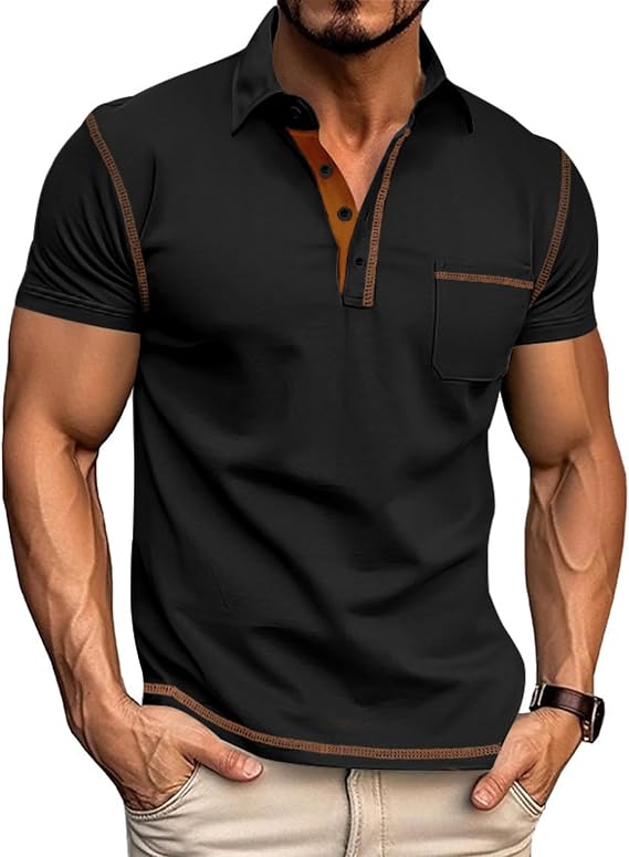 Mens Casual Polo Shirts Summer Solid Color Button V Neck T-Shirts Fashion Comfy Collared Short Sleeve Tops Pocket