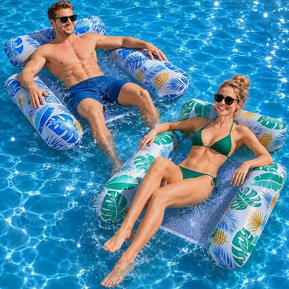 Pool Inflatables, 4 In 1 Inflatable Pool Floats Hammock, Swimming Inflatable Tanning Pool Toys Chair Water Hammock for Mattresses Seat Floating Mattress (2 Pack)