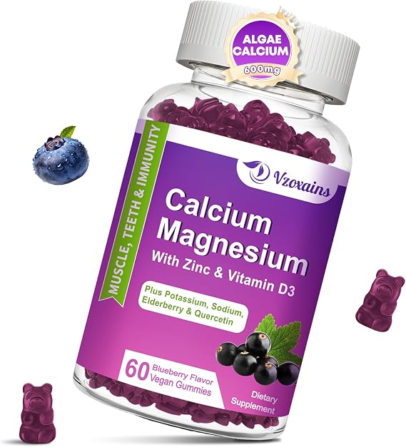 Plant Based Calcium Gummies 600mg, Calcium Magnesium Zinc with Vitamin D3 for Bone Strength, Sugar Free Calcium Supplements for Women & Men - 60 Counts