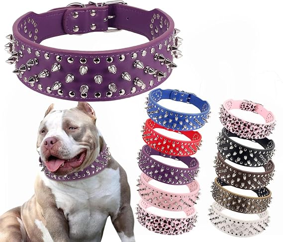 PU Leather Spiked Studded Dog Collar 2" Wide Anti-Bite Collar | Adjustable Neck Protection Collar Rivet Studded Collar for Small Medium Large Dogs