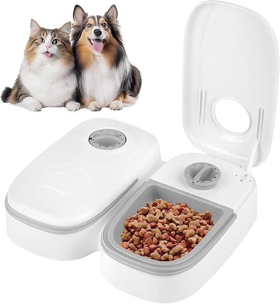 Automatic Cat Feeder, 2 Meals 700 ml Dry and Wet Food Dispenser, Automatic Feeder for Dogs and Cats with 48 Hour Timer for Cats and Small Dogs - Grey