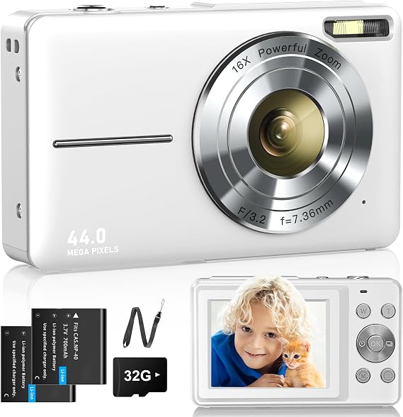 Digital Camera 1080P Camera 44MP Camera 16X Digital Zoom with 32GB Card 2 Batteries Digital Camera for Children Student Teenagers Beginners White