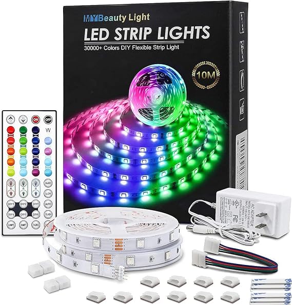 RGB LED Strip Lights 32.8ft, Bright 32768 DIY Colors Rope Lights with Memory Function, Self-Adhesive Color Changing Light Strip with 44 Keys IR Remote, Flexible LED Tape Light Kits for Home Decor