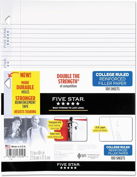 Five Star Filler Paper, College Ruled, Reinforced, Loose Leaf Paper, 11 x 8.5", 100 Sheets/Pack Pack Of 3, 17010